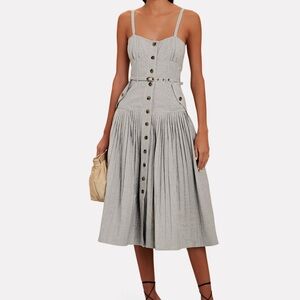 Ulla Johnson Cleo Belted Pleated Striped Cotton Midi Dress Sz 10